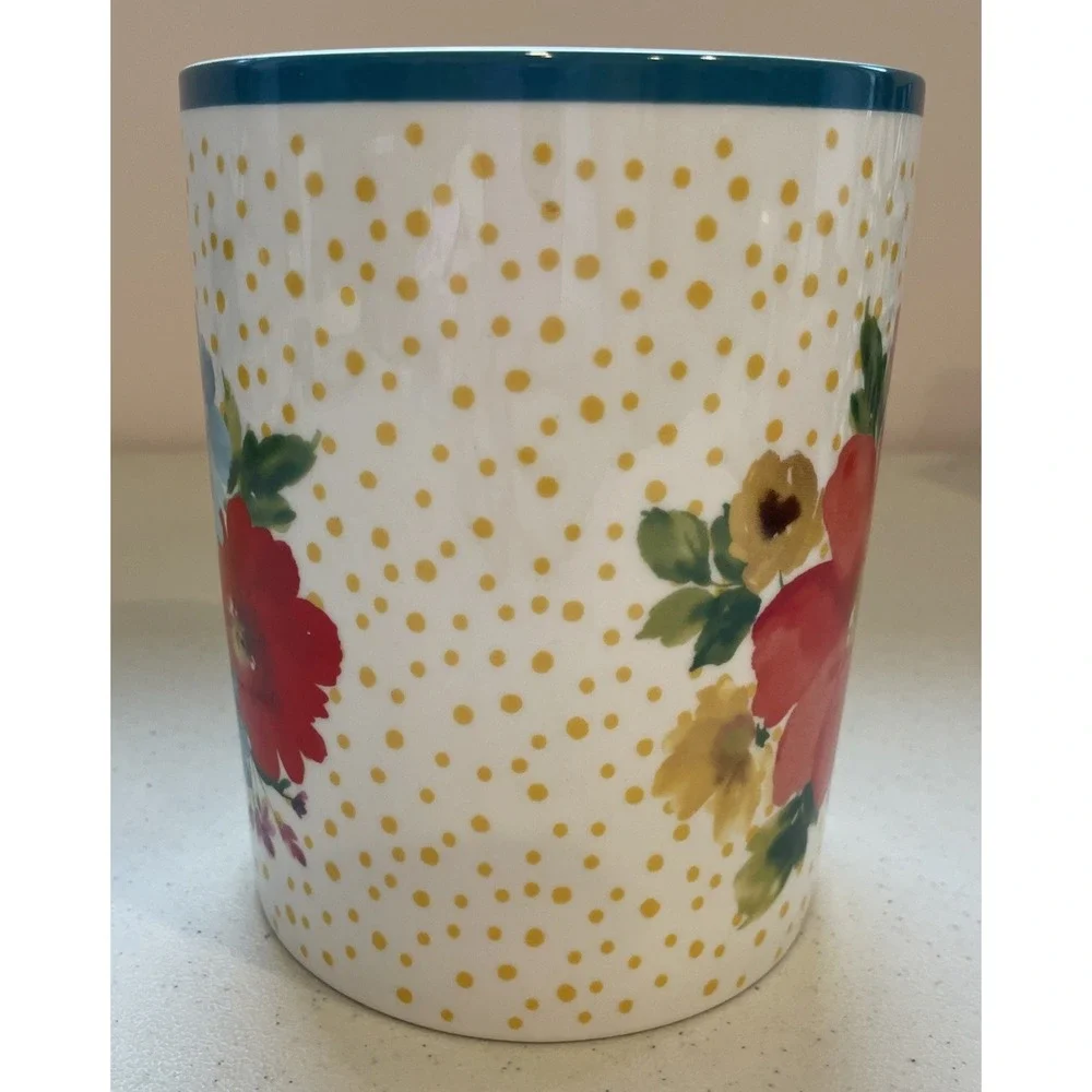 Breezy Blossom Crock Utensil Holder Pioneer Woman Floral Yellow Polka Dot 6